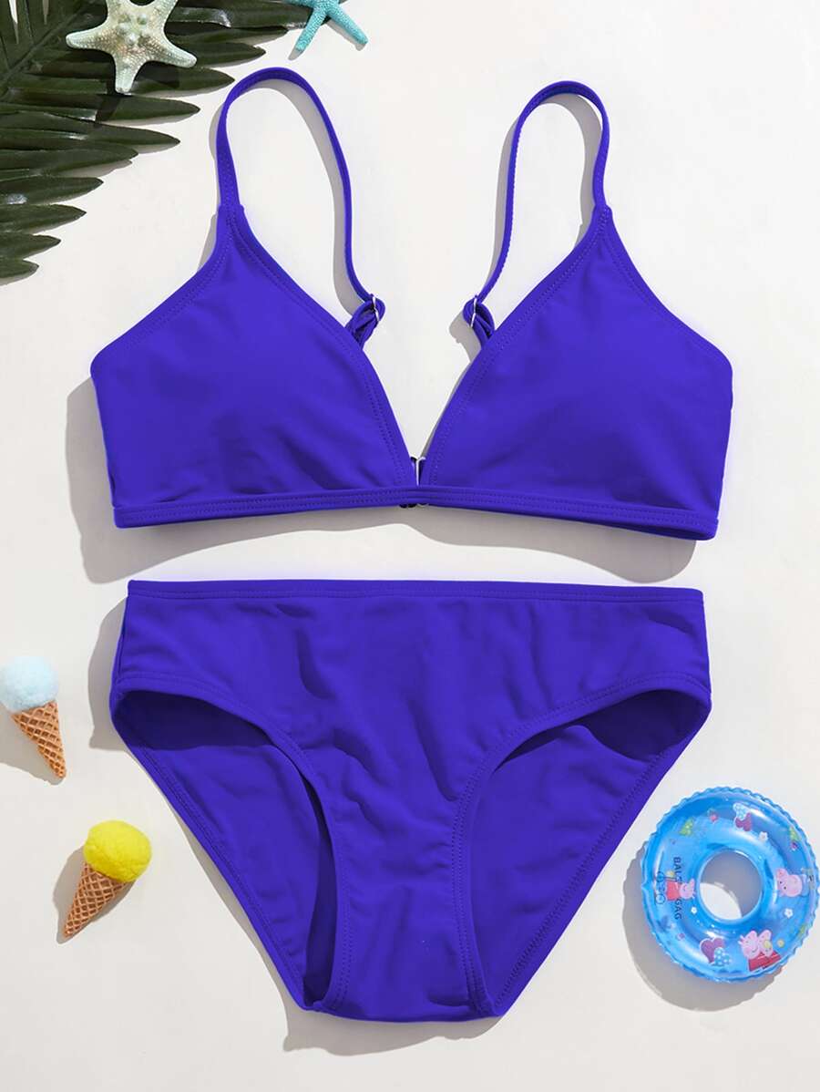 Conjunto de bikini de cuello en V para niña preadolescente, playa de verano - azul real - Ver 1