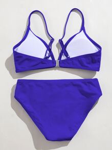 Conjunto de bikini de cuello en V para niña preadolescente, playa de verano - azul real - Ver 2