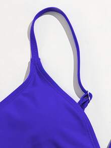 Conjunto de bikini de cuello en V para niña preadolescente, playa de verano - azul real - Ver 3