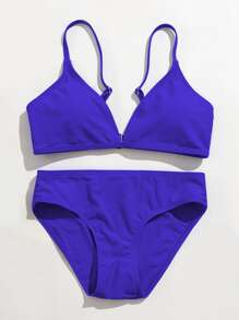 Conjunto de bikini de cuello en V para niña preadolescente, playa de verano - azul real - Ver 4