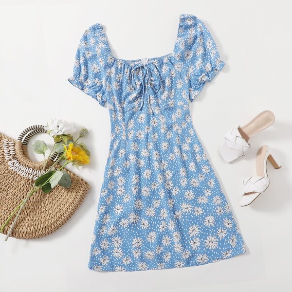 

Plus Allover Floral Knot Milkmaid Dress, Baby blue