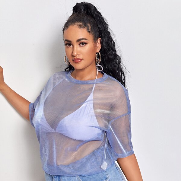 

Plus Drop Shoulder Sheer Mesh Top Without Bra, Blue