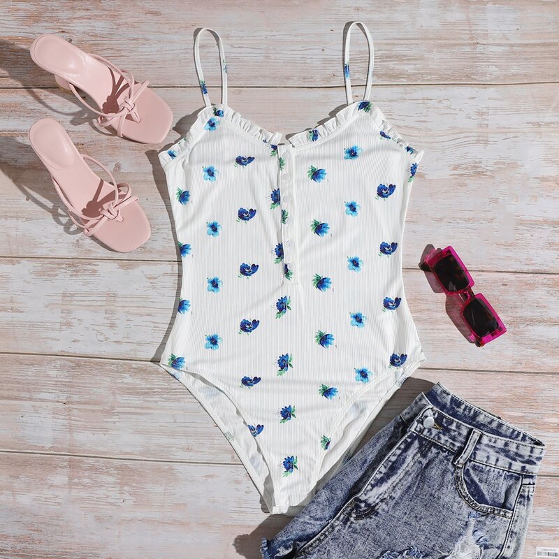 

Floral Print Frill Trim Cami Bodysuit, Multicolor