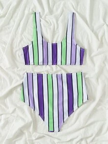 Bikini de cintura alta a rayas de colores, para verano y vacaciones en la playa - Multicolor - Ver 2