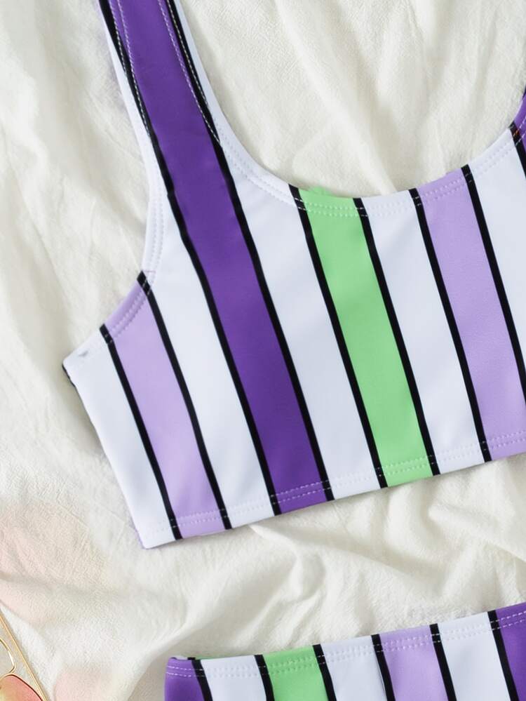 Colorful Striped High Waisted Bikini, For Summer Beach Vacation - Multicolor - View 3