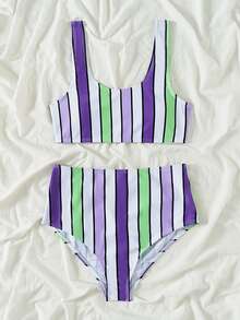 Bikini de cintura alta a rayas de colores, para verano y vacaciones en la playa - Multicolor - Ver 4