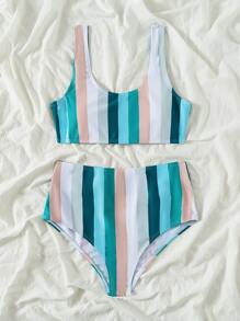 Bikini cạp cao sọc đầy màu sắc - Nhiều màu - Xem 4