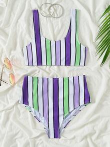 Bikini de cintura alta a rayas de colores, para verano y vacaciones en la playa - Multicolor - Ver 5
