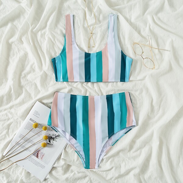 

Colorful Striped High Waisted Bikini Swimsuit, Multicolor