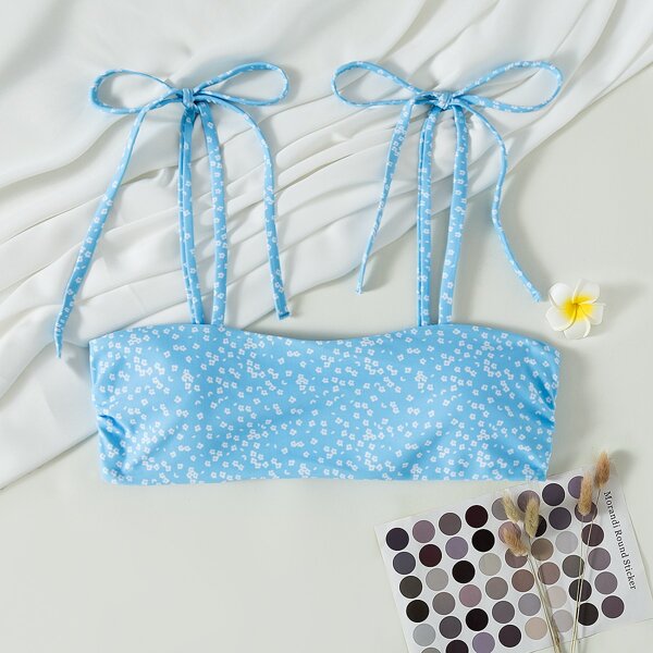 

Ditsy Floral Tie Shoulder Bikini Top, Blue and white
