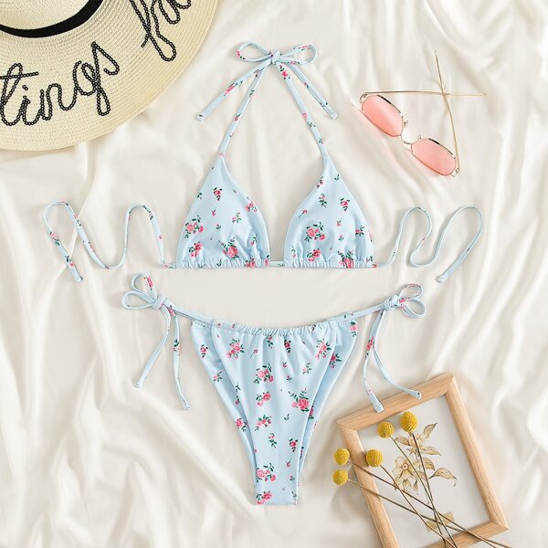 

Ditsy Floral Halter Bikini Swimsuit, Baby blue