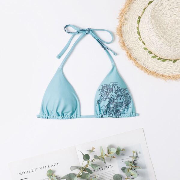 

Dragon Print Triangle Bikini Top, Mint blue