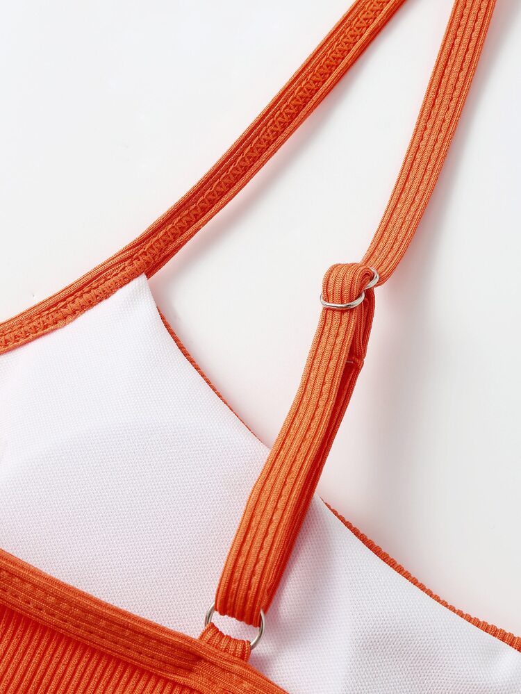 Plain Rib Bikini Top, For Summer Beach Vacation - Orange - View 4