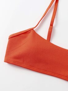 Plain Rib Bikini Top, For Summer Beach Vacation - Orange - View 5