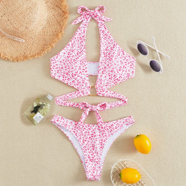 

Leopard Ring Linked Halter Bikini Swimsuit, Baby pink