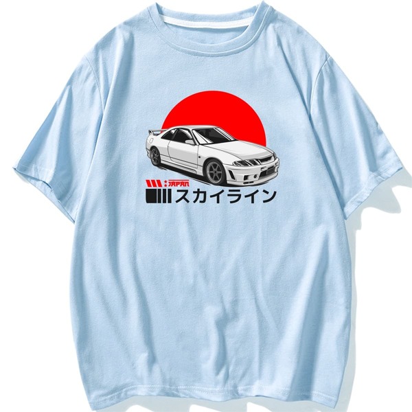 

Men Japanese Letter And Car Print Tee, Baby blue
