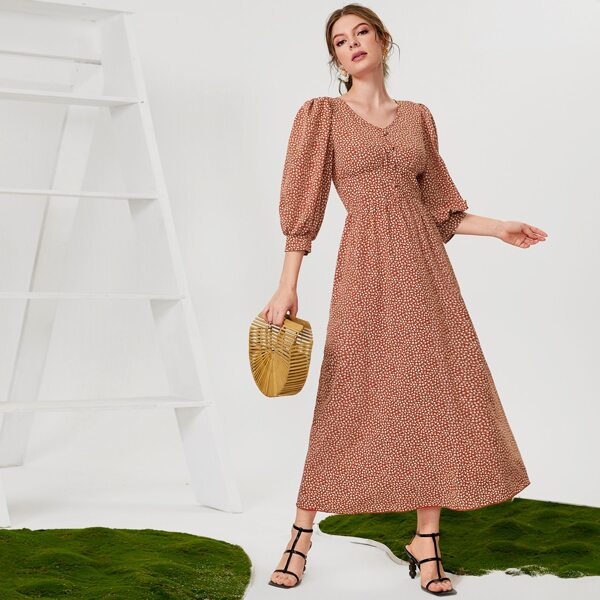 

Ditsy Floral V-neck Puff Sleeve A-line Dress, Burgundy