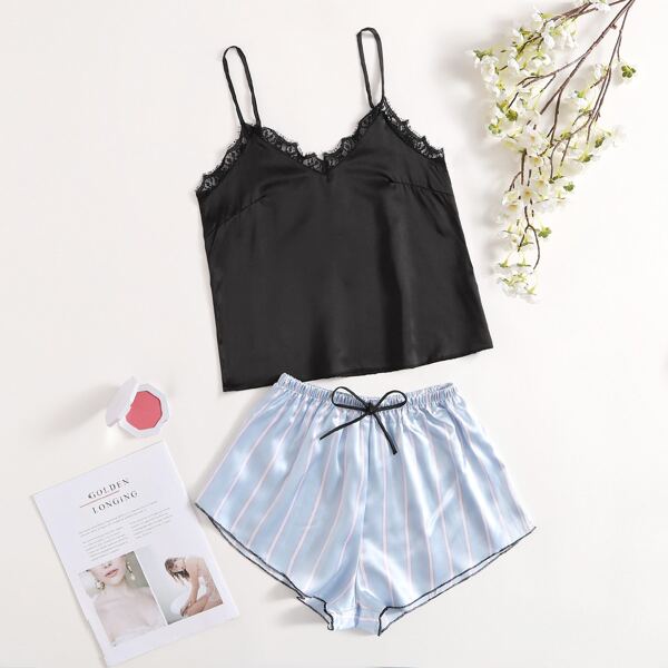

Satin Contrast Lace Striped Night Set, Multicolor