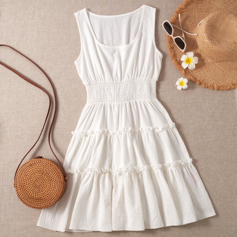 

Solid Shirred Frill Dress, White
