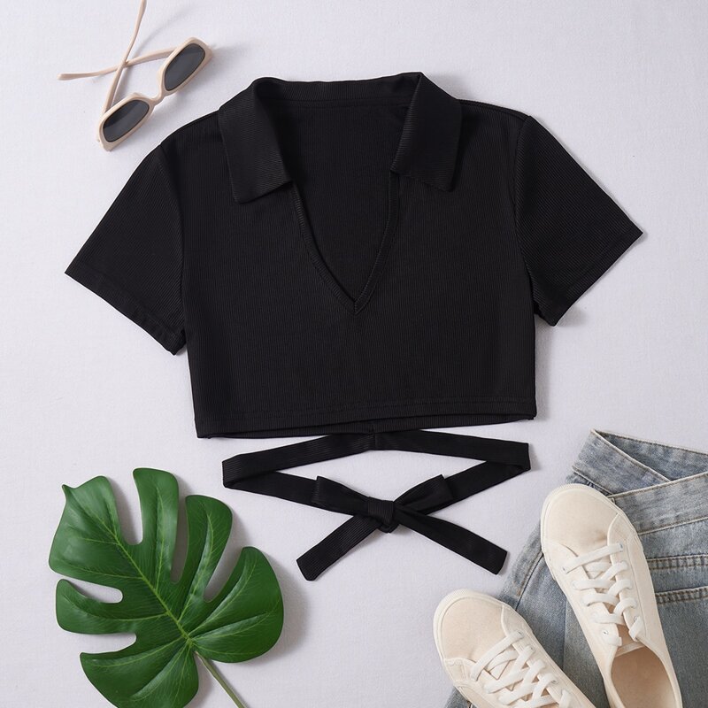 

Solid Criss Cross Ribbed Tee, Black