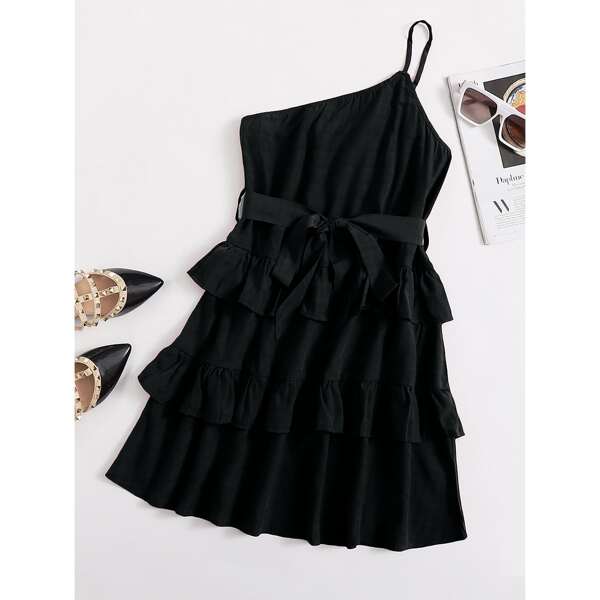 

One Shoulder Ruffle Trim Belted Dress, Black
