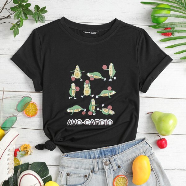 

Cartoon & Letter Graphic Tee, Black