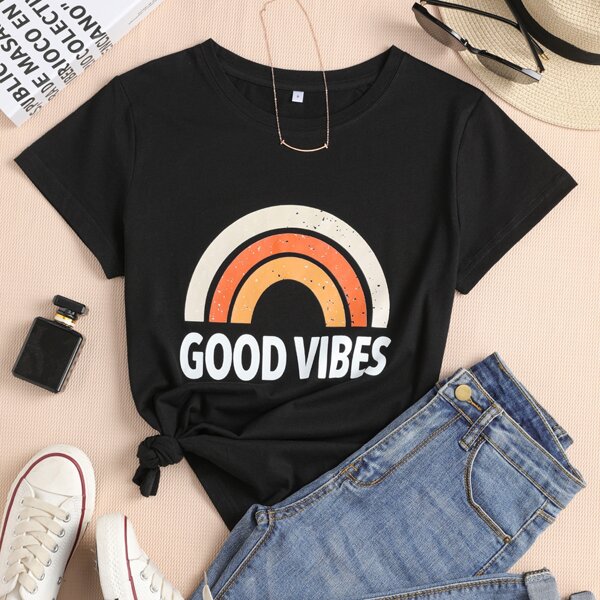 

Rainbow Striped & Letter Graphic Tee, Black