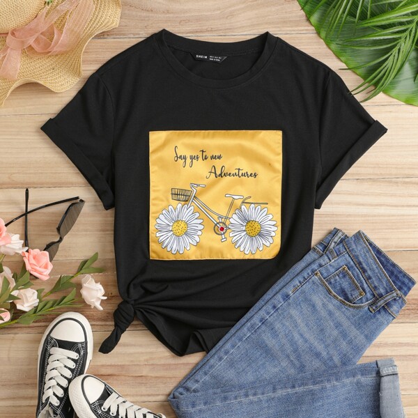 

Slogan & Floral Print Tee, Black