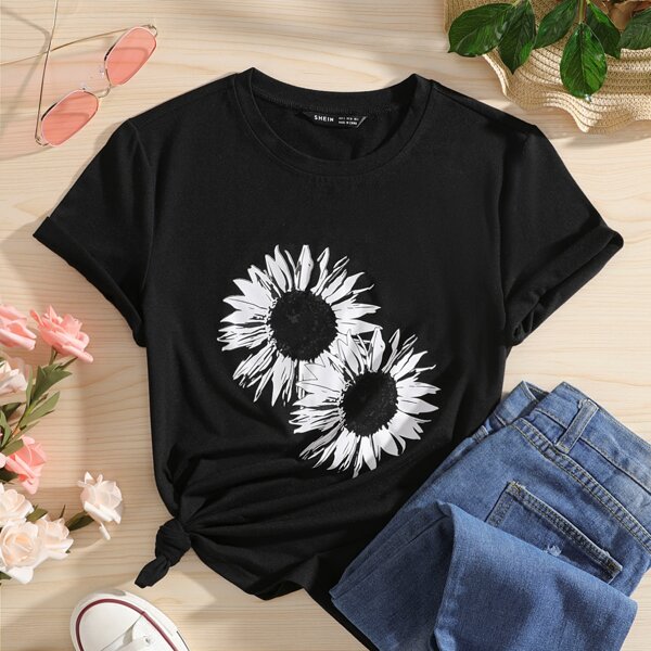 

Sunflower Print Round Neck Tee, Black