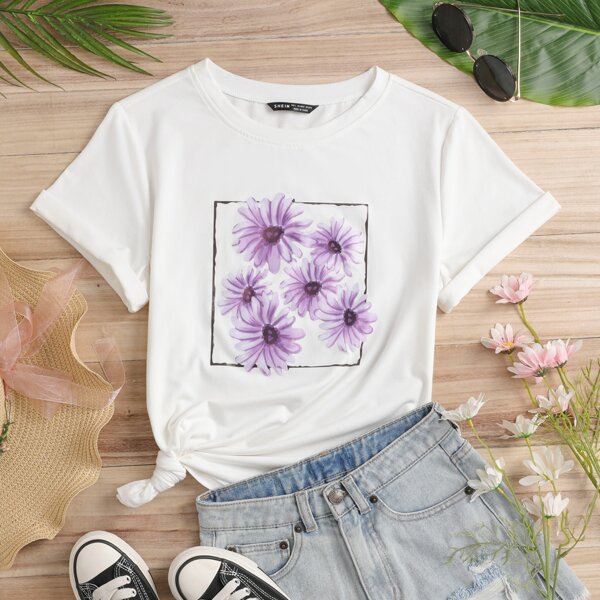 

Floral Print Round Neck Tee, White
