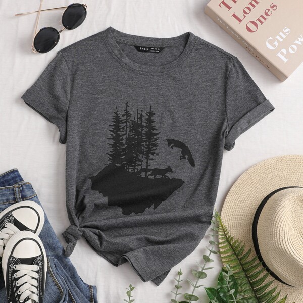 

Graphic Print Round Neck Tee, Dark grey