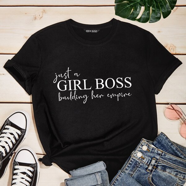 

Slogan Graphic Round Neck Tee, Black