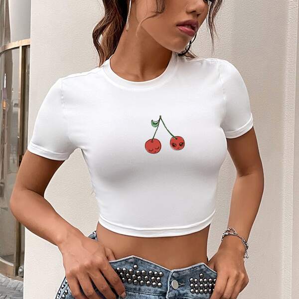 

Cherry Print Crop Tee, White
