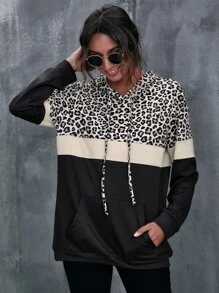 SHEIN LUNE Kangaroo Pocket Leopard Print Colour Block Hoodie - Multicolor - View 3