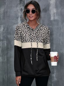 SHEIN LUNE Kangaroo Pocket Leopard Print Colour Block Hoodie - Multicolor - View 4