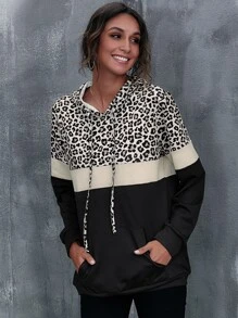 SHEIN LUNE Kangaroo Pocket Leopard Print Colour Block Hoodie - Multicolor - View 6