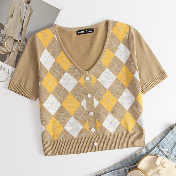 

Argyle Pattern Button Up Knit Top, Multicolor