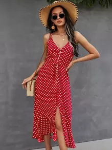 SHEIN VCAY 紐扣門襟腰部抽繩波卡圓點吊帶連衣裙 - 紅色 - 查看 1