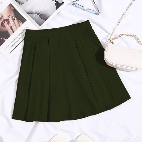 

Solid Pleated Hem Skirt, Army green