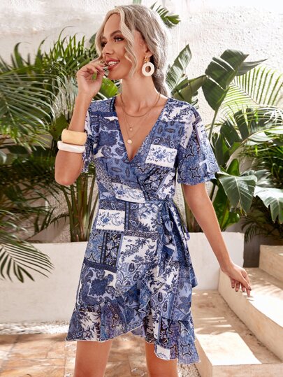 فستان مخلط مطوي جانبي بربطة