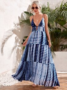 SHEIN VCAY Ruffle Hem Tie Dye Cami Dress - Blue and White - View 1