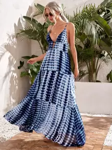 SHEIN VCAY Ruffle Hem Tie Dye Cami Dress - Blue and White - View 3
