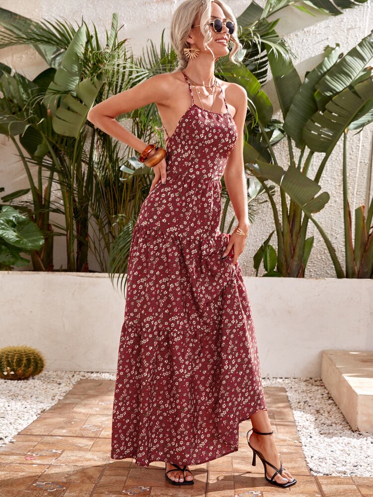 SHEIN 繫帶露背吊帶連衣裙 - 彩色 - 查看 5