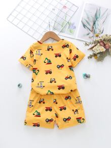 SHEIN Young Boy Cartoon Graphic Tee With Shorts