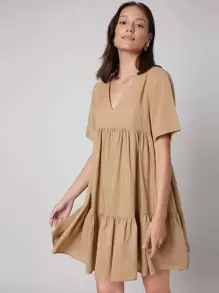 SHEIN Đầm phân lớp màu trơn Giải trí - Màu Khaki - Xem 2