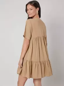SHEIN Đầm phân lớp màu trơn Giải trí - Màu Khaki - Xem 3