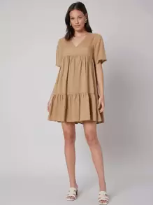 SHEIN Đầm phân lớp màu trơn Giải trí - Màu Khaki - Xem 4