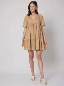 SHEIN Đầm phân lớp màu trơn Giải trí - Màu Khaki - Xem 5