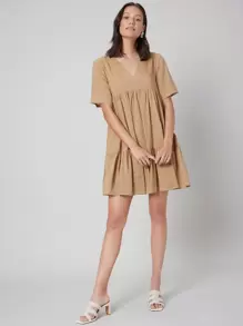SHEIN Đầm phân lớp màu trơn Giải trí - Màu Khaki - Xem 6