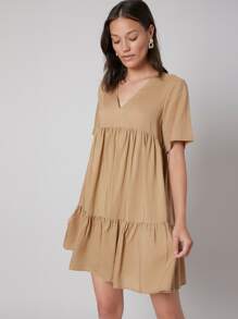 SHEIN Đầm phân lớp màu trơn Giải trí - Màu Khaki - Xem 7